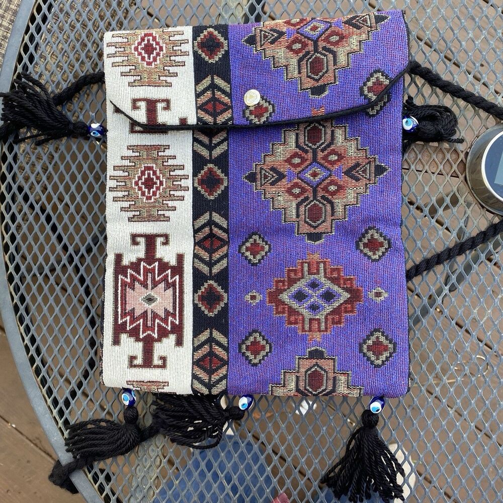 Kilim Crossbody Handbag Rug Tapestry Turkish Purple Purse  Nazar  Evil Eye Beads